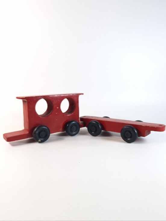 Other - Vintage Red Wooden Toy Train Cars Set of 2 Pull-Along Locomotive & Flatbed Wagon